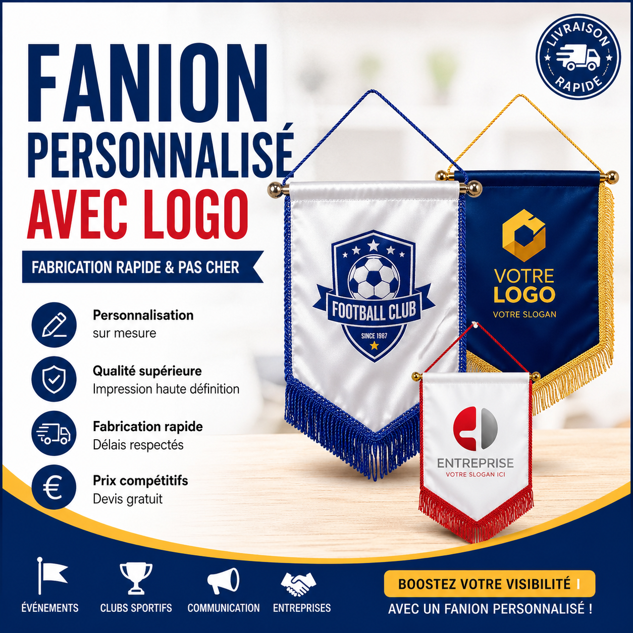 	Fanion personnalisé pas cher avec logo | Fabrication rapide - cadeauxpublicitaire.com 